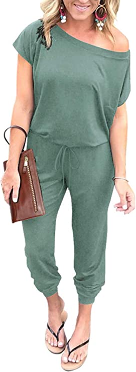 Light Green Women's Loose Solid Off Shoulder Elastic Waist Stretchy Long Romper Jumpsuit - PRETTYGARDEN | Women's Romper & Jumper Suit