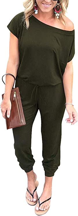 Green Women's Loose Solid Off Shoulder Elastic Waist Stretchy Long Romper Jumpsuit - PRETTYGARDEN | Women's Romper & Jumper Suit