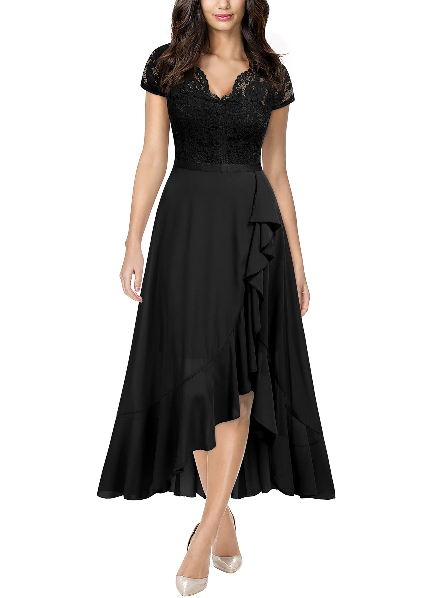 Black Women's V Neck Elegant Lace Ruffle Bridesmaid Maxi Dress - Miusol