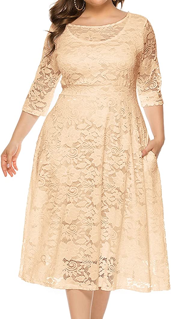 Apircot Women Plus Size Floral Lace Sleeve Party Wedding Cocktail Swing Midi Dress with Pockets - Lrady | Women's Cocktail Dresses