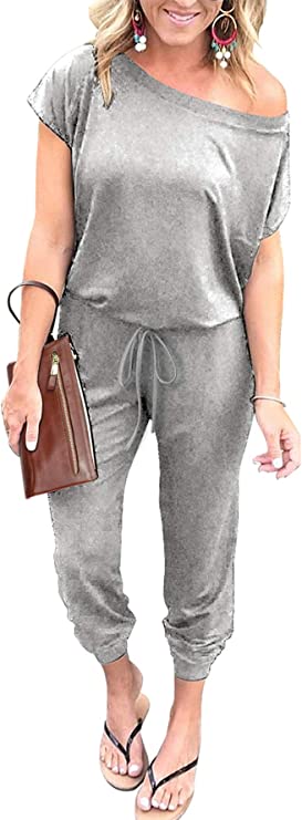 Light Grey Women's Loose Solid Off Shoulder Elastic Waist Stretchy Long Romper Jumpsuit - PRETTYGARDEN | Women's Romper & Jumper Suit