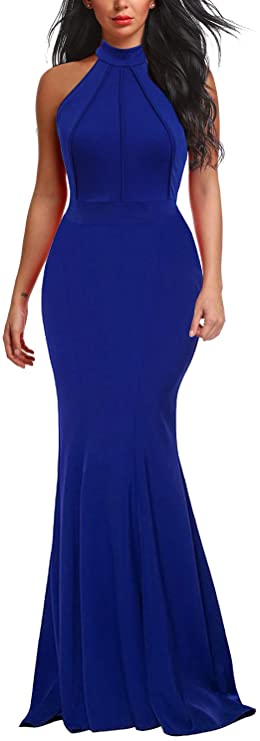 Royal-blue Women's Elegant Chic Halter Neck Sleeveless Solid Stretchy Wedding Guest Mermaid Long Evening Dress - Berydress | Women's Formal Dresses