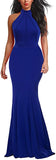 Royal-blue Women's Elegant Chic Halter Neck Sleeveless Solid Stretchy Wedding Guest Mermaid Long Evening Dress - Berydress | Women's Formal Dresses