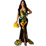 Sunflower Women's Summer Floral Spaghetti Strap Maxi Dresses Sexy V-Neck Beach Boho Tropical Long Sundress - HannahZone | Women's Casual Dresses