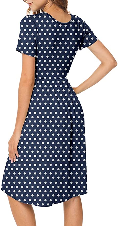 Polka Dot Navy Blue V Neck Women Summer Casual Short Sleeve Dresses Em   Original Brand