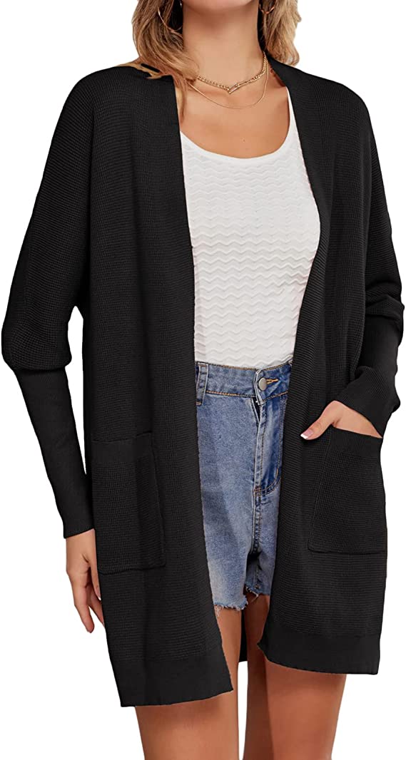 Black Batwing Sleeve Women Open Front Cardigan Sweaters Pockets Long Sleeve Shrugs - GRACE KARIN | Women's Cardigan