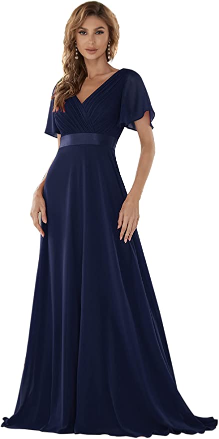 Navy Women's Short Sleeve V-Neck Long Evening Dress - Ever Pretty | Women's Formal Dresses