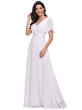 White Ladies Double V-Neck Short Flutter Sleeves Empire Waist Elegant Chiffon Long Evening Dresses - Ever-Pretty