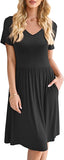 Black V Neck Women Summer Casual Short Sleeve Dresses Empire Waist Dress With Pockets - Db Moon | Women's Casual Dresses