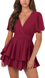 Red Womens Sexy V Neck Long Baggy Sleeve Tie Waist Ruffle Hem Flowy Swing Mini Short Wrap Dress - Nova In Sky | Women's Casual Dresses