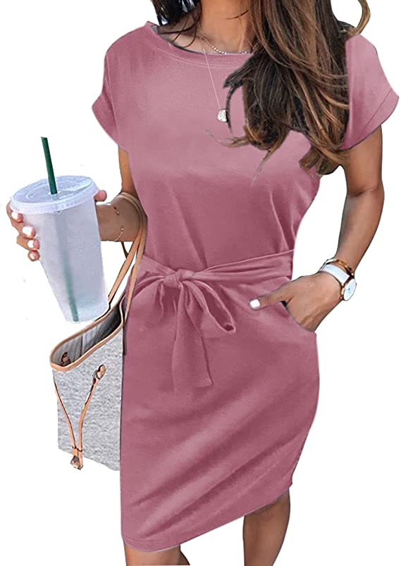 Solid Pink Women's Summer Striped Short Sleeve T Shirt Dress Casual Tie Waist Midi Dress - MEROKEETY | Women's Casual Dresses