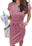 Solid Pink Women's Summer Striped Short Sleeve T Shirt Dress Casual Tie Waist Midi Dress - MEROKEETY | Women's Casual Dresses