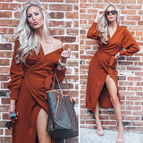 Womens Knit Sweater Dress Casual Solid Long Sleeve Wrap Maxi Dresses with Belt