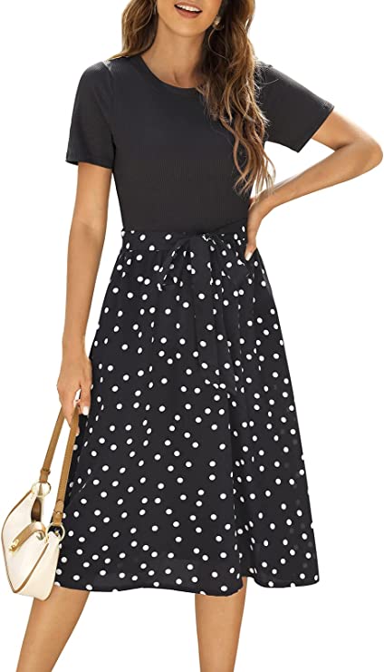 Black Polka Dots Women Short Sleeve Ribbed Midi Dress Modest Casual Work Dress with Pockets - Zattcas | Women's Casual Dresses