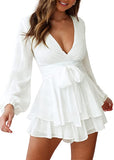 White Women's Jumpsuit Floral Print V Neck Baggy Sleeve Waist Tie Double Layer Ruffle Hem Short Mini Dress Romper - Relipop | Women's Casual Dresses