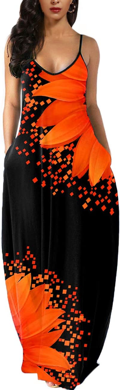 Sunflower Orange Womens Casual Sleeveless Plus Size Loose Plain Long Maxi Dress with Pockets - Wolddress | Women's Casual Dresses