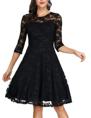 Black Ladies Vintage Floral Cocktail Party Wedding Guest A Line Lace Dresses - JASAMBAC