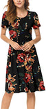 Brown Floral Black Crewneck Women Summer Casual Short Sleeve Dresses Empire Waist Dress With Pockets - Db Moon | Women's Casual Dresses
