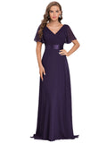 Dark Purple Ladies Double V-Neck Short Flutter Sleeves Empire Waist Elegant Chiffon Long Evening Dresses - Ever-Pretty
