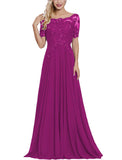 Fuchsia Women's Long Mother of The Bride Dresses with Sleeves Bateau Neck Beaded Chiffon Maxi Lace Formal Evening Gowns - Lover Kiss | Women's Formal Dresses