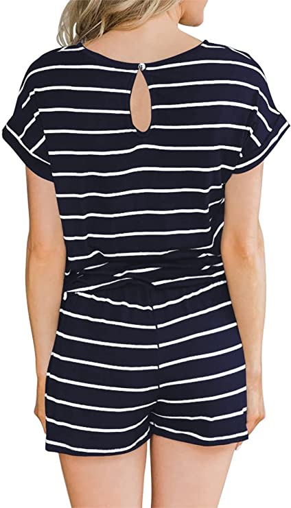 White Black Stripes Summer Crewneck Casual Loose Short Sleeve Jumpsuit Rompers One Piece Pajamas Loungewear with Pockets - ANRABESS | Women's Romper & Jumper Suit
