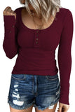 Wine Red Women's Long Sleeve Shirts Casual Fall Henley Top Button Down Blouses Basic Ribbed Knit T Shirts - Kissfix | Women's Tops and Blouses