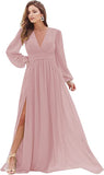 Fairy Tale Women's Bridesmaid Dresses Long Sleeve Chiffon Deep V-Neck Formal Evening Party Gowns for Women Guests with Split A-line - YnanLi Dress | Women's Formal Dresses