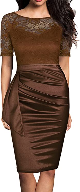 Brown Women's Short Sleeve Colorblock Sheath Pencil Business Church Dress - Mmondschein | Women's Cocktail Dresses