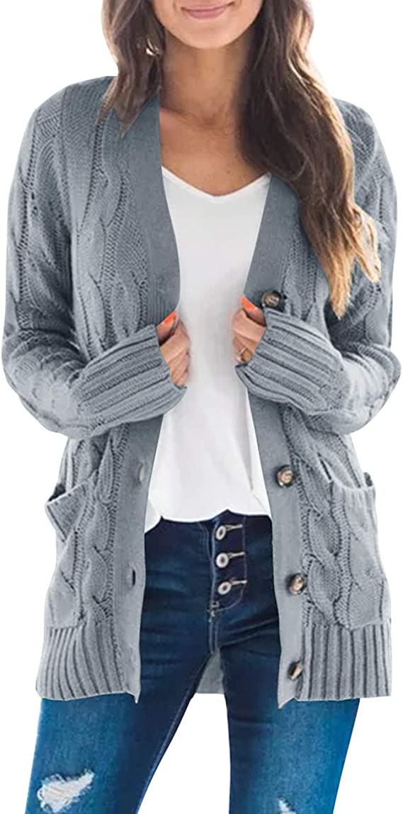 Grey Women's Long Sleeve Cable Knit Sweater Open Front Cardigan Button Loose Outerwear - MEROKEETY | Women's Cardigan