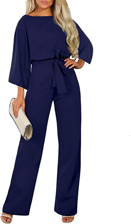 Blue Full Sleeve Women Casual Loose Short Sleeve Belted Wide Leg Pant Romper Jumpsuits - Happy Sailed | Women's Romper & Jumper Suit