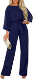 Blue Full Sleeve Women Casual Loose Short Sleeve Belted Wide Leg Pant Romper Jumpsuits - Happy Sailed | Women's Romper & Jumper Suit