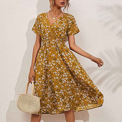 Ladies Summer Casual Short Sleeve V-Neck Floral Dresses Slim Dress UK Size Evening Gowns Work Maxi Dress Party