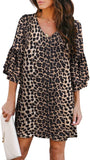 Leopard Print Women's Dress Sweet & Cute V-Neck Bell Sleeve Shift Dress Mini Dress - BELONGSCI | Women's Casual Dresses