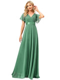 Green Ladies Double V-Neck Short Flutter Sleeves Empire Waist Elegant Chiffon Long Evening Dresses - Ever-Pretty