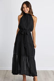Solid Black Women's Casual Halter Neck Sleeveless Floral Long Maxi Dress Backless Loose Ruffle Sundress with Belt - PRETTYGARDEN | Women's Formal Dresses
