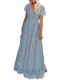 Grayblue Women's V Neck Short Sleeve Floral Lace Wedding Dress Bridesmaid Cocktail Party Maxi Dress - MEROKEETY | Women's Formal Dresses