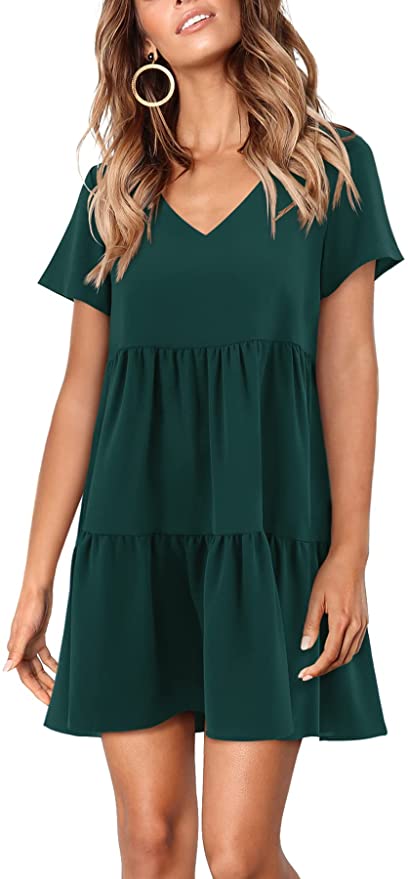 Green Short Sleeve Women Summer Tunic Dress V Neck Casual Loose Flowy Swing Shift Dresses - Amoretu | Women's Casual Dresses