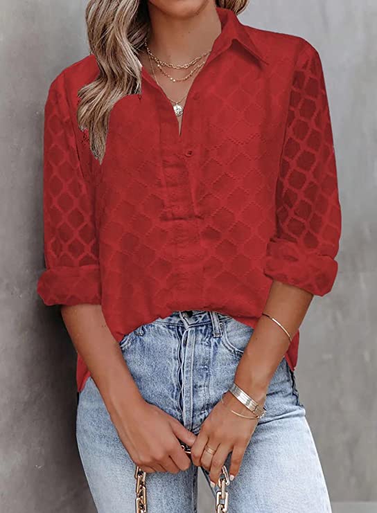 Navy Womens Button Down Shirts Long Sleeve V Neck Blouses Tops for Work - FARYSAYS | Women's Tops and Blouses