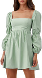 Light Green Womens Square Neck Dress Long Puff Sleeve A-Line Casual Short Mini Dress - Exlura | Women's Casual Dresses