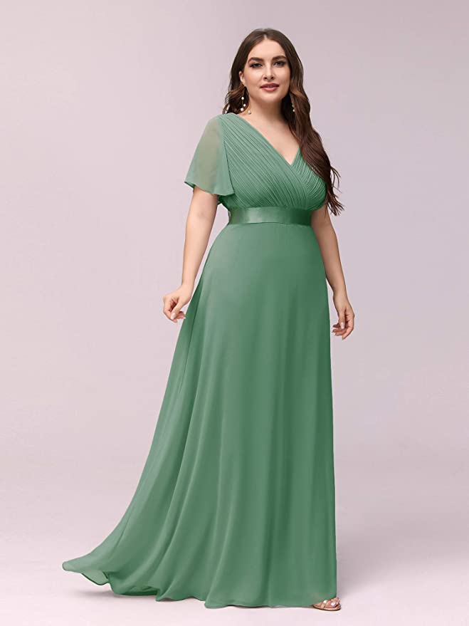 Light Green Women's Plus Size Double V-Neck Evening Party Maxi Dress - Ever-Pretty | Women's Formal Dresses