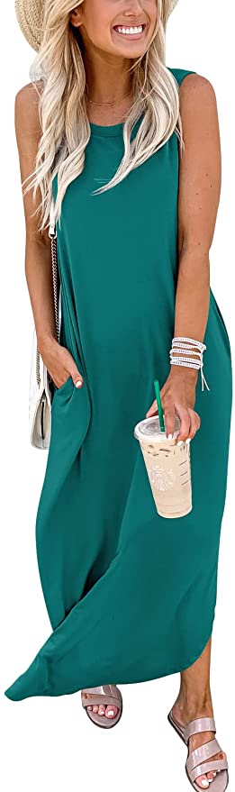 Teal Blue Women's Casual Loose Long Sleeveless Sundress with Pockets - ANRABESS | Women's Casual Dresses