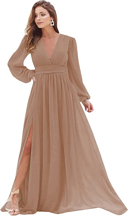 Dusty Rose Women's Bridesmaid Dresses Long Sleeve Chiffon Deep V-Neck Formal Evening Party Gowns for Women Guests with Split A-line - YnanLi Dress | Women's Formal Dresses