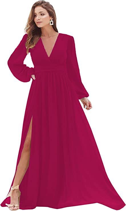 Hot Pink Women's Bridesmaid Dresses Long Sleeve Chiffon Deep V-Neck Formal Evening Party Gowns for Women Guests with Split A-line - YnanLi Dress | Women's Formal Dresses