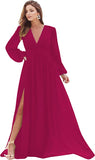 Hot Pink Women's Bridesmaid Dresses Long Sleeve Chiffon Deep V-Neck Formal Evening Party Gowns for Women Guests with Split A-line - YnanLi Dress | Women's Formal Dresses