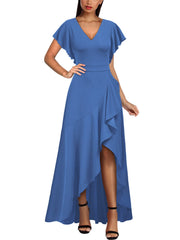 Blue Women's Formal V Neck Ruffle Split Evening Party Long Dress - Miusol