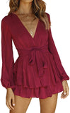 Maroon Women's Jumpsuit Floral Print V Neck Baggy Sleeve Waist Tie Double Layer Ruffle Hem Short Mini Dress Romper - Relipop | Women's Casual Dresses
