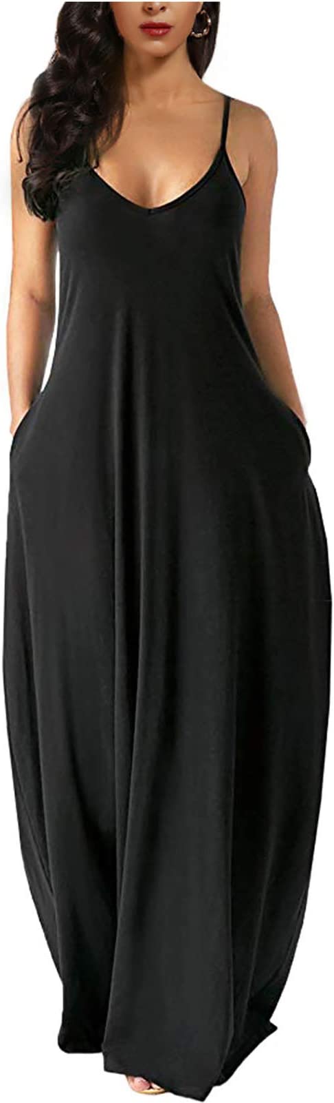 Black Womens Casual Sleeveless Plus Size Loose Plain Long Maxi Dress w Original Brand