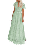 Mint Women's V Neck Short Sleeve Floral Lace Wedding Dress Bridesmaid Cocktail Party Maxi Dress - MEROKEETY | Women's Formal Dresses