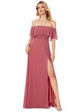 Came Brown Womens Off The Shoulder Ruffle Party Dresses Side Split Beach Maxi Dress - Ever-Pretty