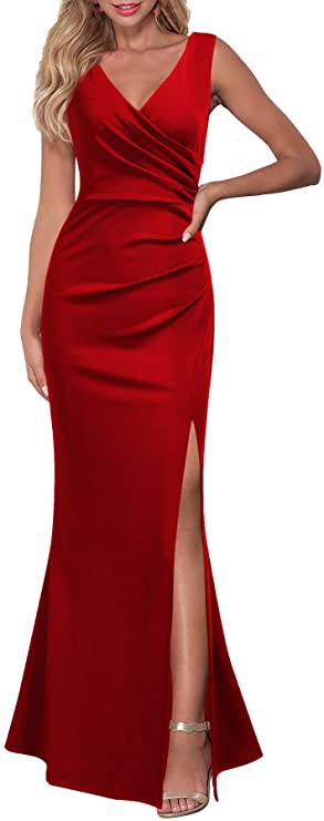 Red Women Sleeveless V Neck Split Evening Cocktail Long Dress - Woosea | Women's Formal Dresses